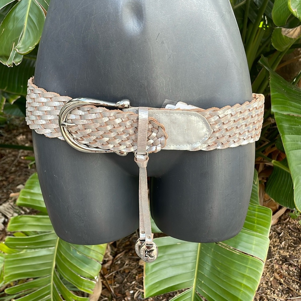 Michael Kors, silver wide woven leather with  logo statement  belt